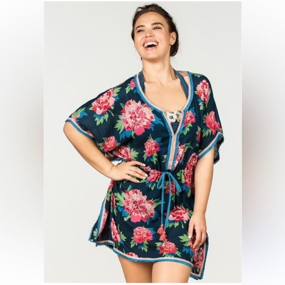 Matilda‎ Jane Swimsuit Cover Up Blue Floral Cotton Beach Kaftan Tunic Kimono